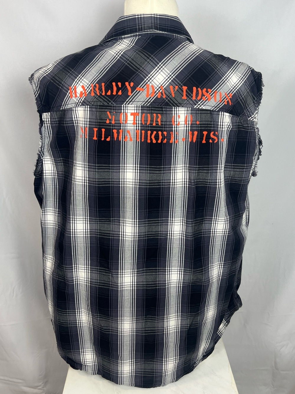 Harley-Davidson Black & White Plaid Sleeveless Shirt Jacket with Orange Logo